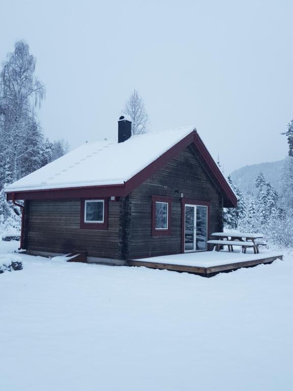 HammarstrandAmmeråns Fiskecamp的雪地野餐桌小屋