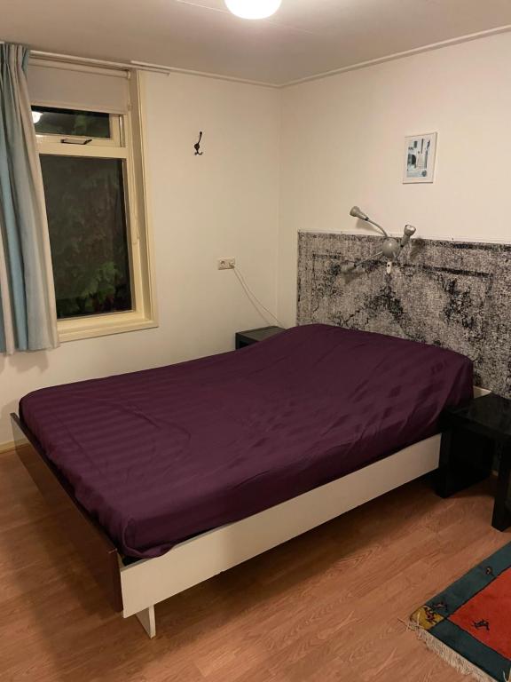 De KielBoerenkiel Vakantiehuisjes的一间卧室配有一张紫色床和窗户