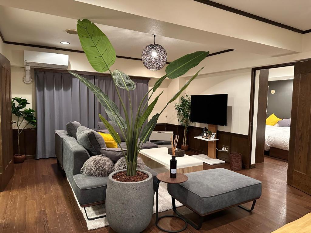 札幌LIT’S INN Sapporo的带沙发和盆栽植物的客厅