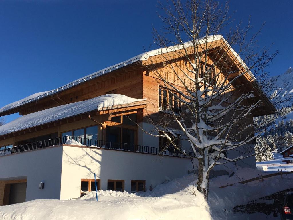 奥伯约赫Alpenchalet Iseler的雪中建筑物,前面有一棵树