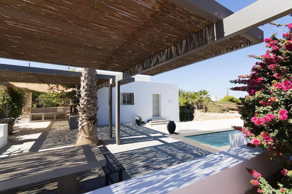 安倍拉斯Villa Aphrodite · Elegant villa, sea views, designer renovation的一个带棕榈树和游泳池的庭院
