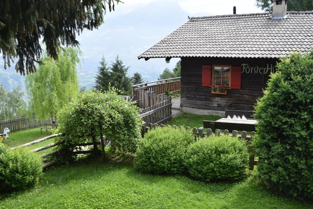 帕尔奇内斯Brünnl's Försterhütte的院子里的小木屋,设有红色的门