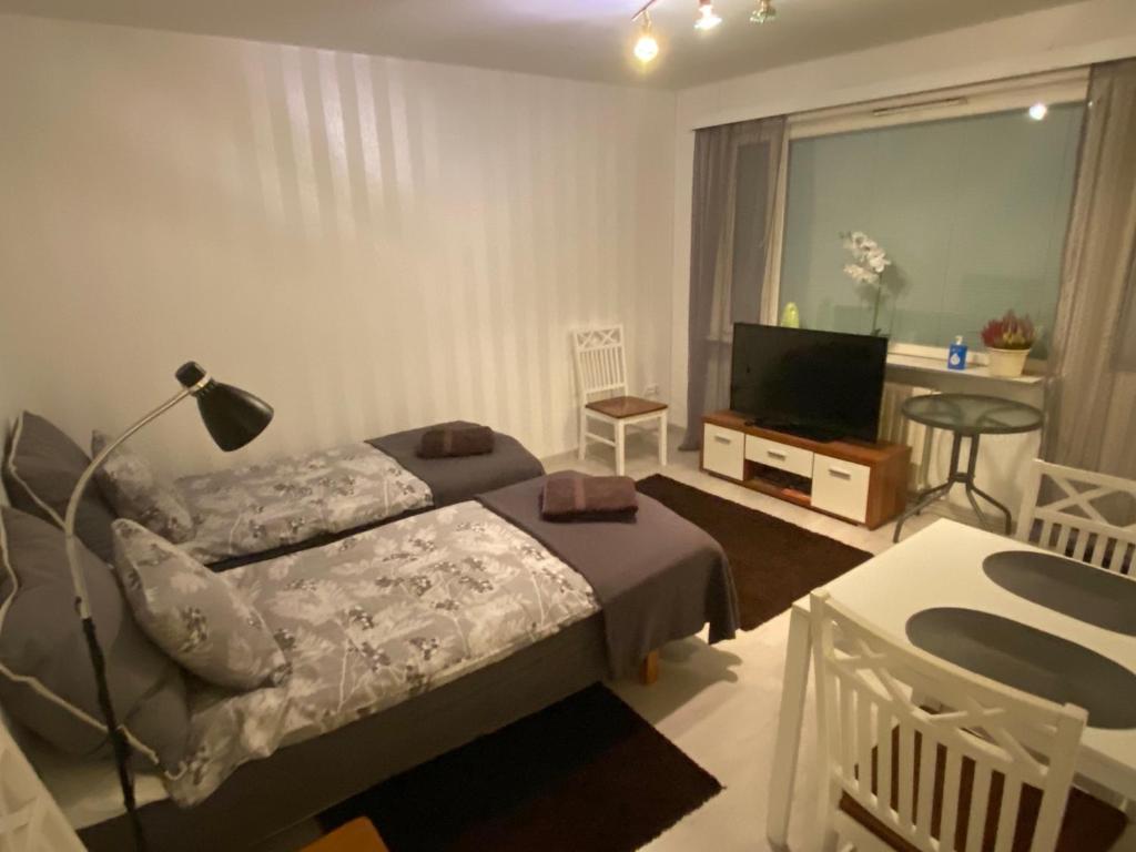 耶姆赛Koskentien yksiö的一间卧室配有一张床和一台平面电视