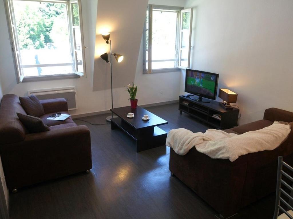 巴涅尔-德吕雄Appartement Bagnères-de-Luchon, 3 pièces, 4 personnes - FR-1-313-144的客厅配有两张沙发和一台电视