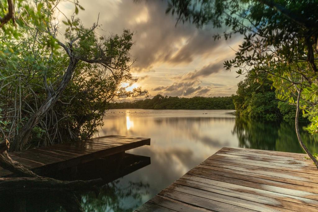 图卢姆Yaxchen Tulum Cabañas & Cenote的湖畔木甲板,日落