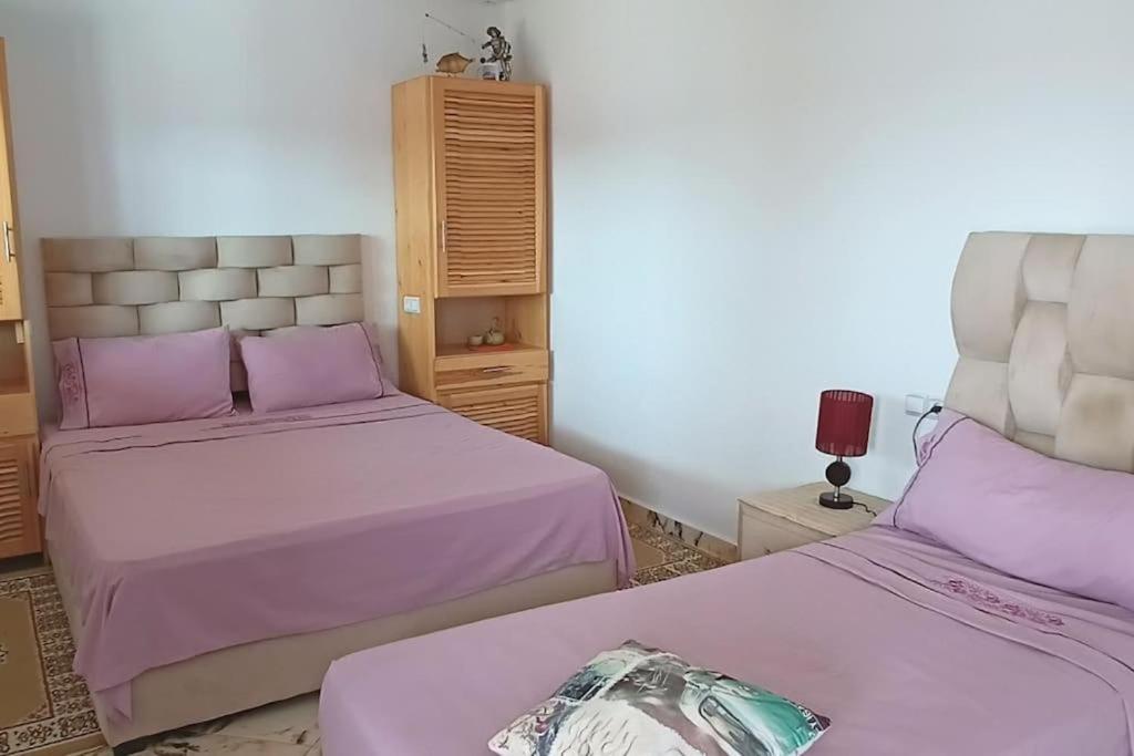 沃利迪耶Studio pêcheur的配有粉红色床单和紫色枕头的客房内的两张床