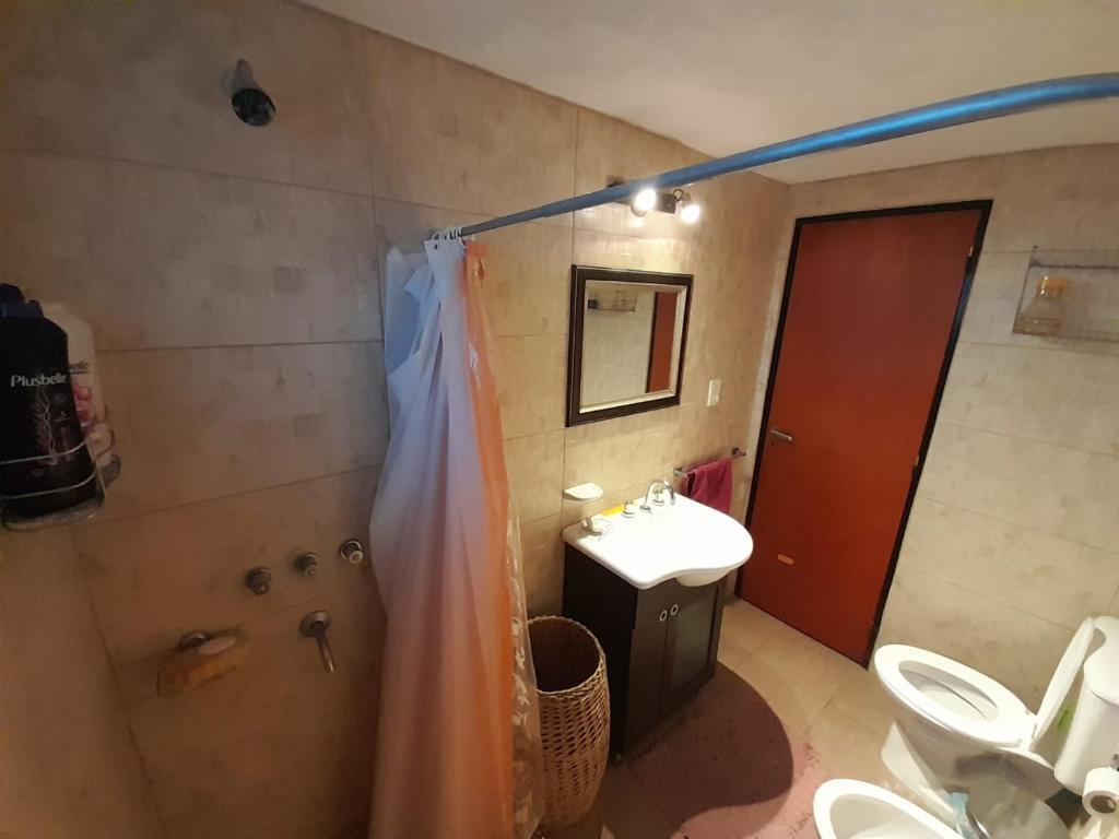 罗萨里奥Los trevi的一间带水槽、卫生间和淋浴的浴室
