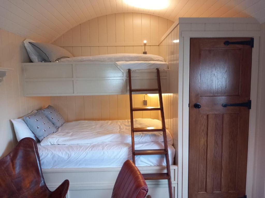 韦斯特波特Delightful Shepherds Hut的小房间设有双层床和梯子