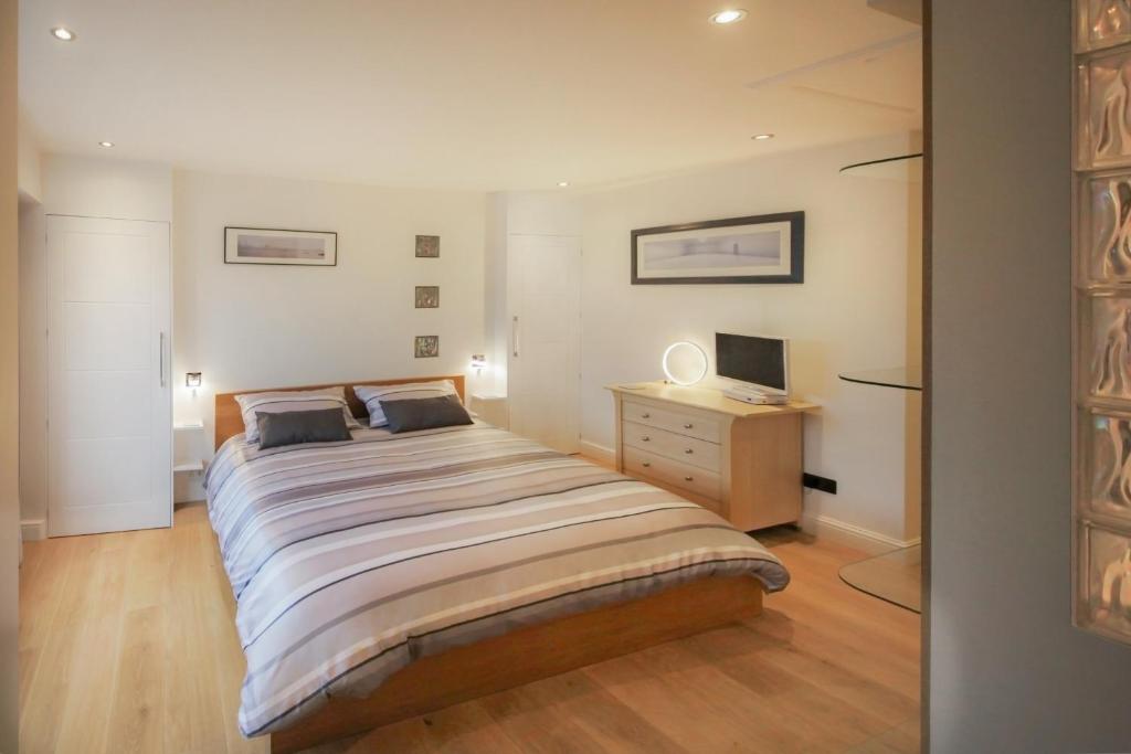 Hook NortonOrchard Road Studio Apartment的一间卧室配有一张床和一张书桌及电视