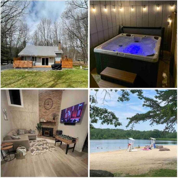 AlbrightsvilleModern Home near Lake w HotTub, Game Room, Fireplace的一张带热水浴缸的房子的照片拼合在一起