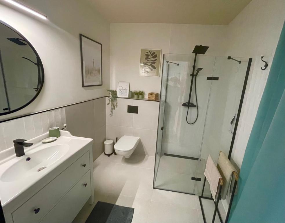 贡斯基Sea & Home的带淋浴、卫生间和盥洗盆的浴室
