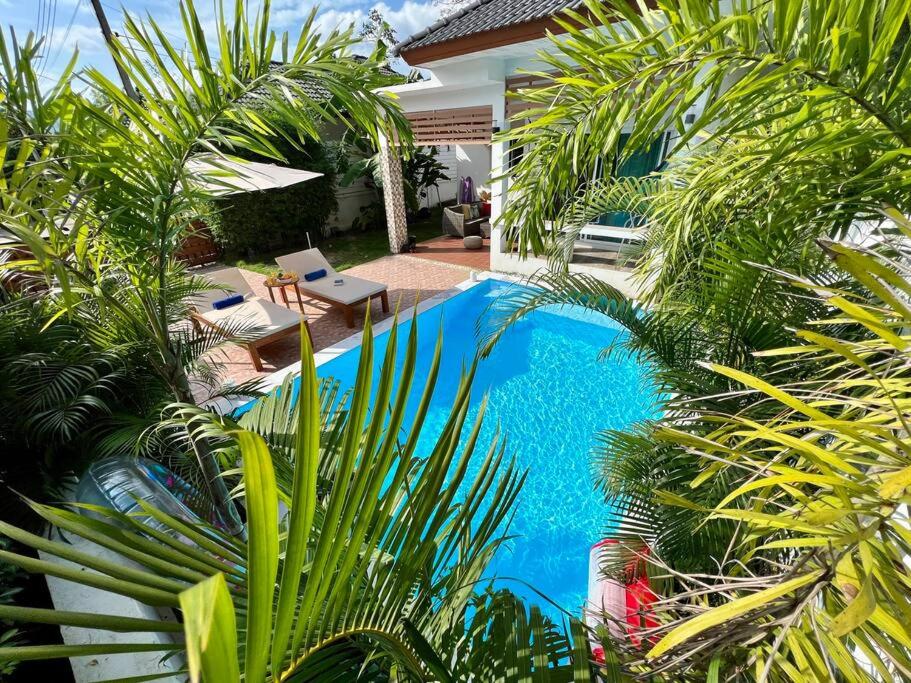 苏梅岛Holiday house near Lamai with swimming pool. 2 bedrooms的棕榈树庭院内的游泳池