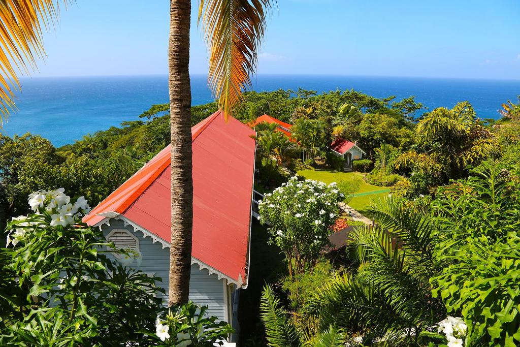 MaranMount Edgecombe Boutique Hotel的一座红色屋顶的房子,一棵棕榈树