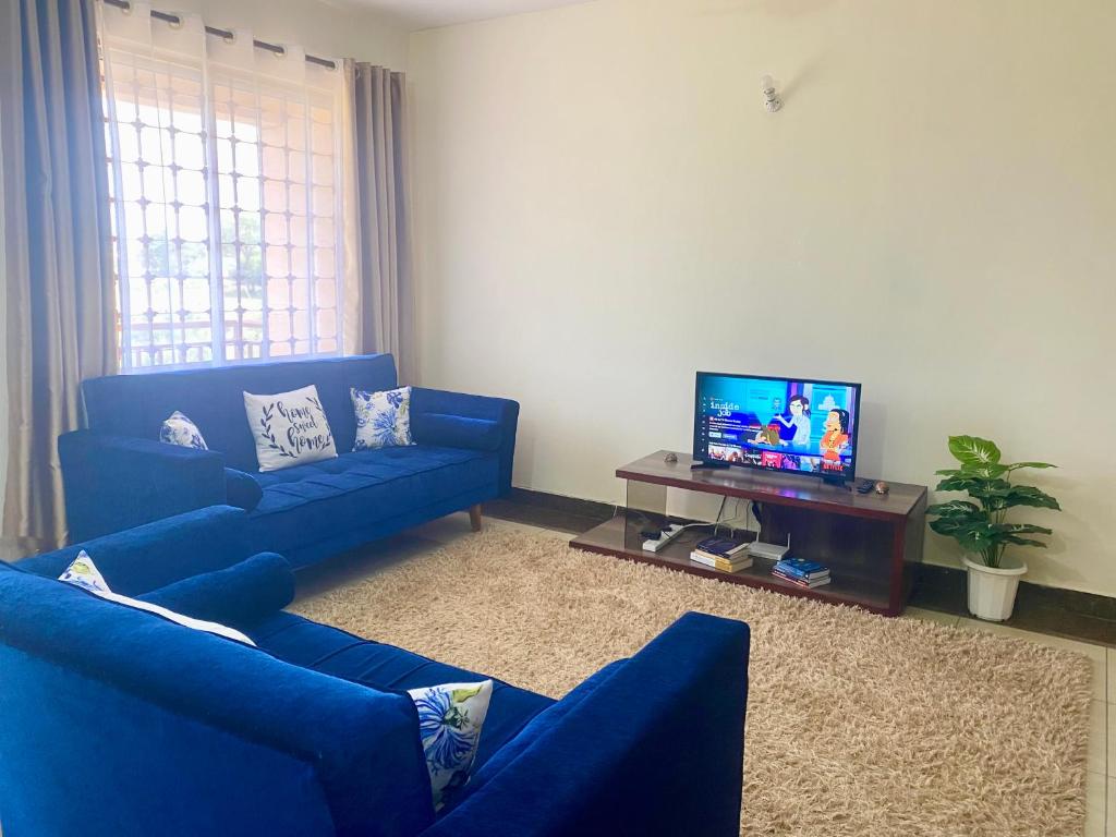 蒙巴萨Dala Heights的客厅配有蓝色的沙发和平面电视。