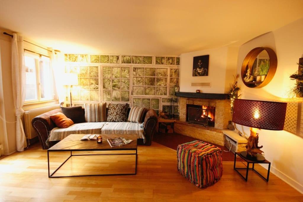 鲁法克Gîte Aux Quatre Vents avec Terrasse的带沙发和壁炉的客厅