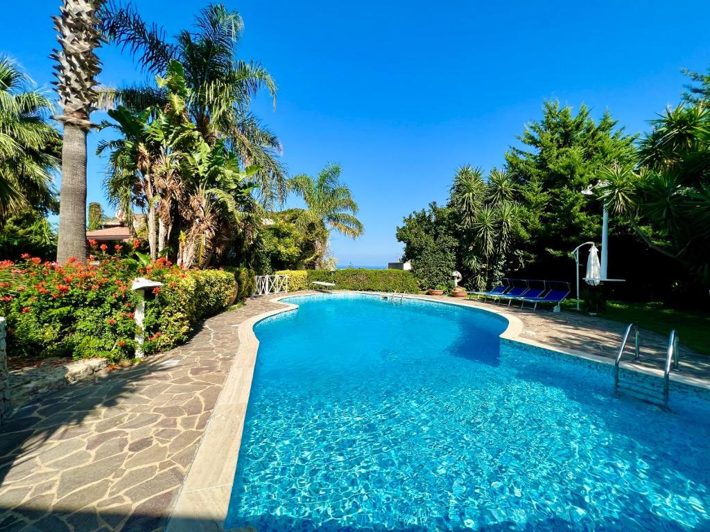 卡里尼Villa Talìa的一座拥有蓝色海水和棕榈树的游泳池