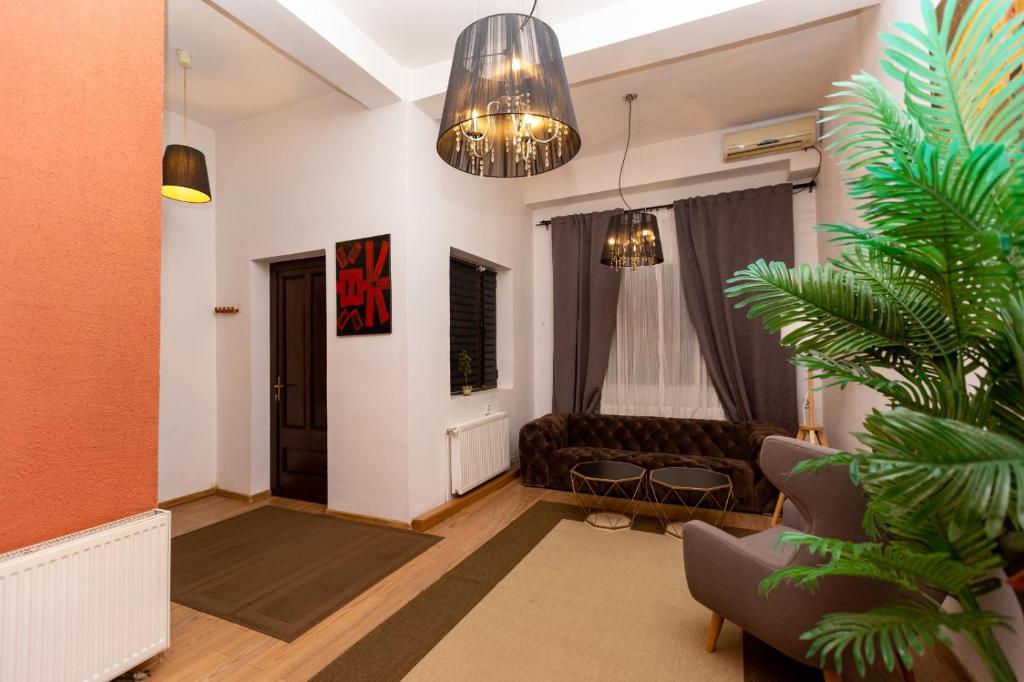 克拉约瓦Conta Apartments的带沙发和植物的客厅