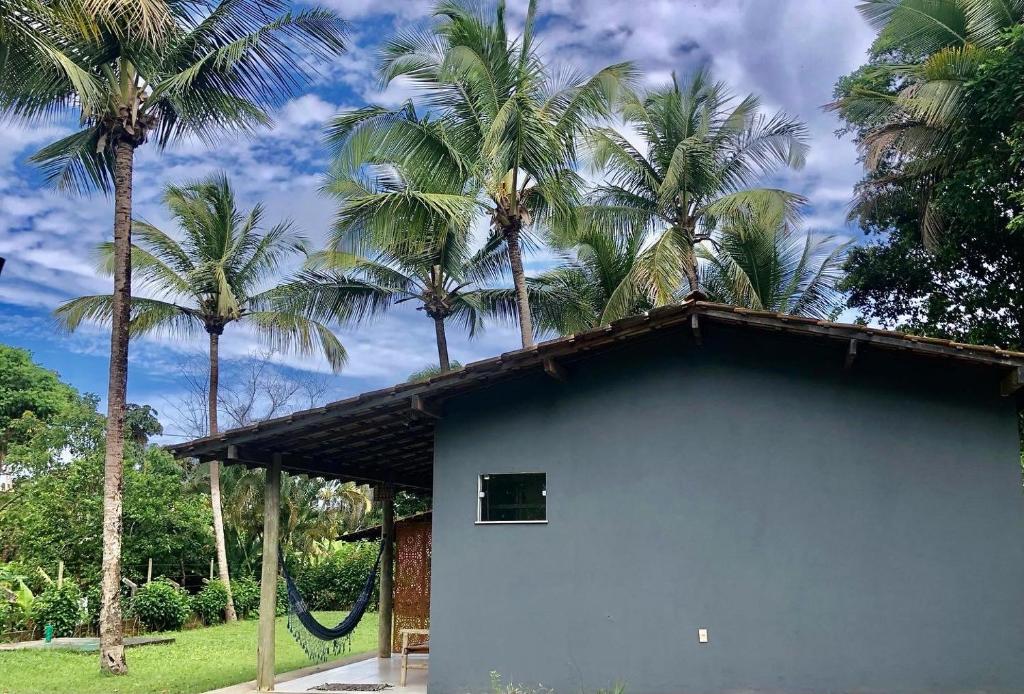 伊塔卡雷Portal Mágico的一座种植了棕榈树的蓝色建筑