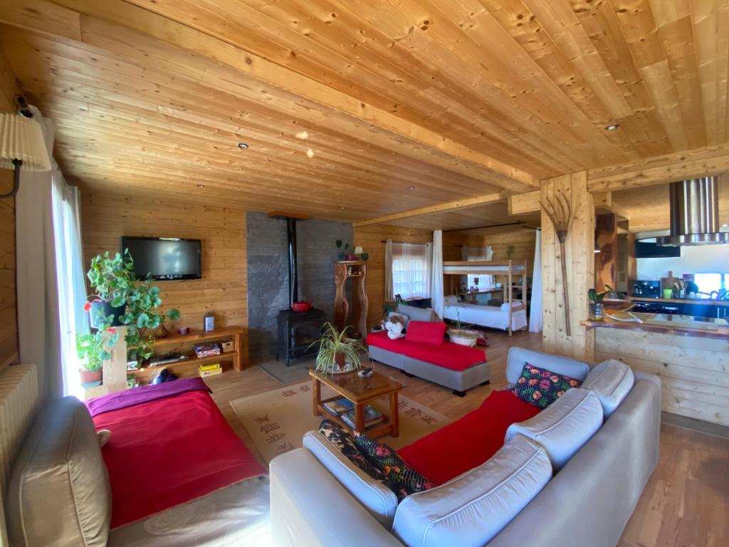 EntraunesChalet Miel de la Cayolle-Estenc的客厅配有白色沙发和红色枕头。