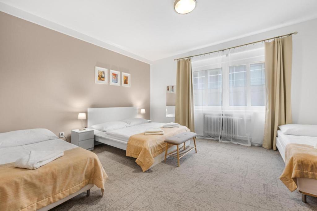 布拉迪斯拉发佩蒂特膳食公寓的酒店客房设有两张床和窗户。