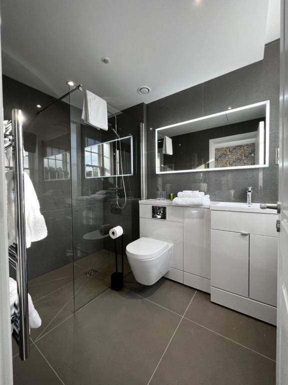 EwhurstThe Bulls Head Inn的浴室配有卫生间、盥洗盆和淋浴。