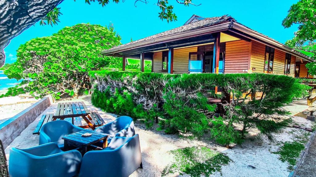 TemaeMOOREA - The Golden Reef Bungalow Bora Bora的海滩上的房子,前面有蓝色的椅子