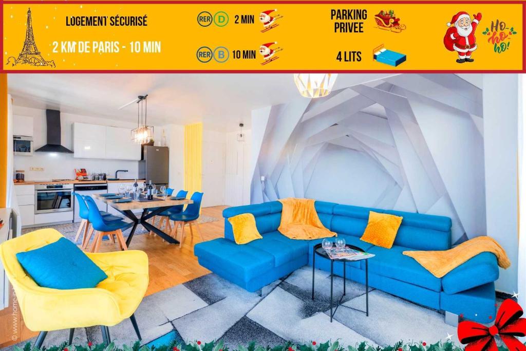 圣但尼CAOPEO - Top Hôte Paris - 8 personnes Balcon Parking的一间带蓝色沙发的客厅和一间厨房