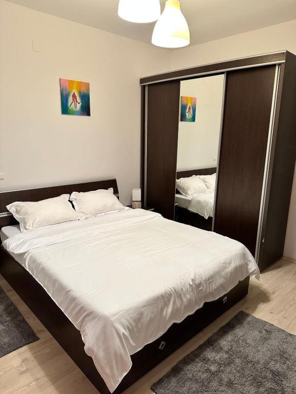 奥托佩尼Apartament Otopeni的一间卧室配有一张大床和大镜子