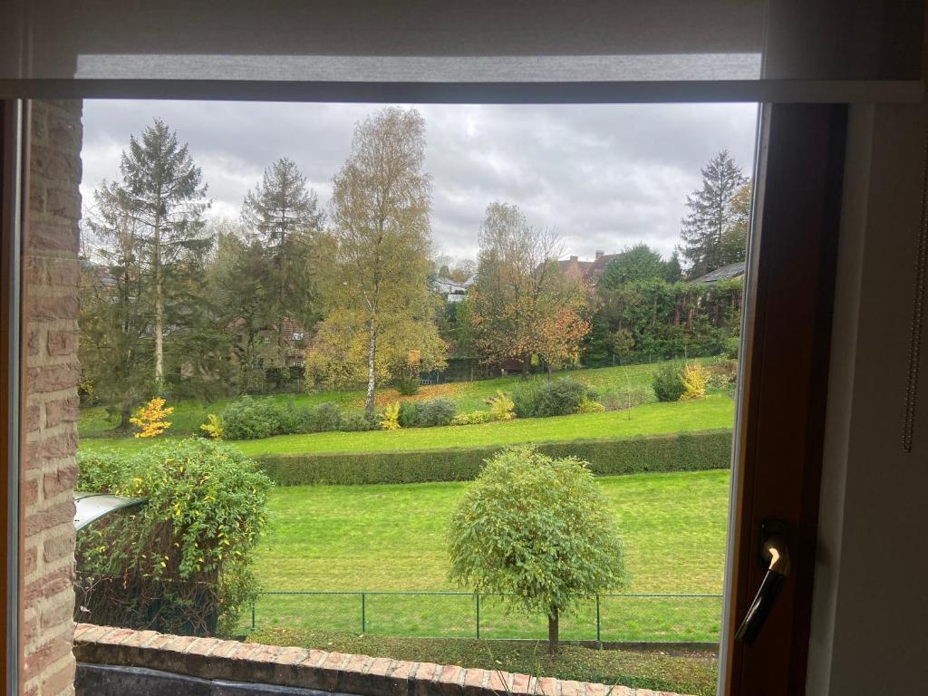 特尔菲伦La Clé des Champs的从房子的窗户可欣赏到花园景色