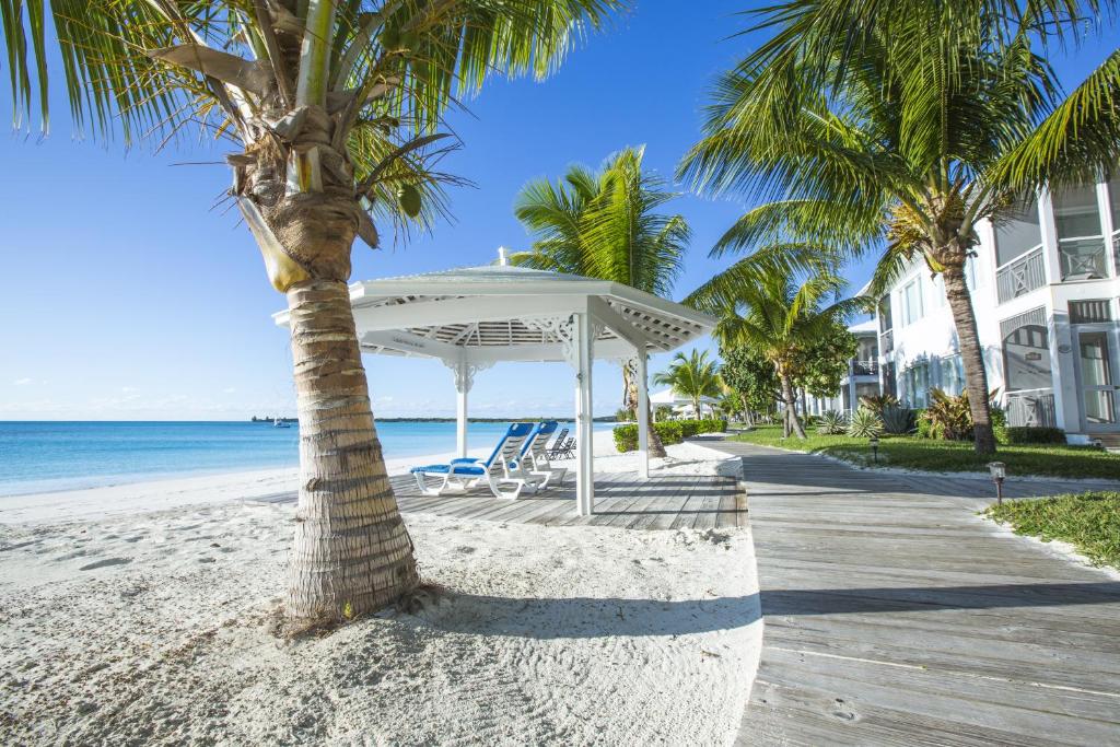 Seymourʼs圣玛丽亚海湾海滩度假村和别墅的海滩上的棕榈树,配有白色的遮阳伞和椅子