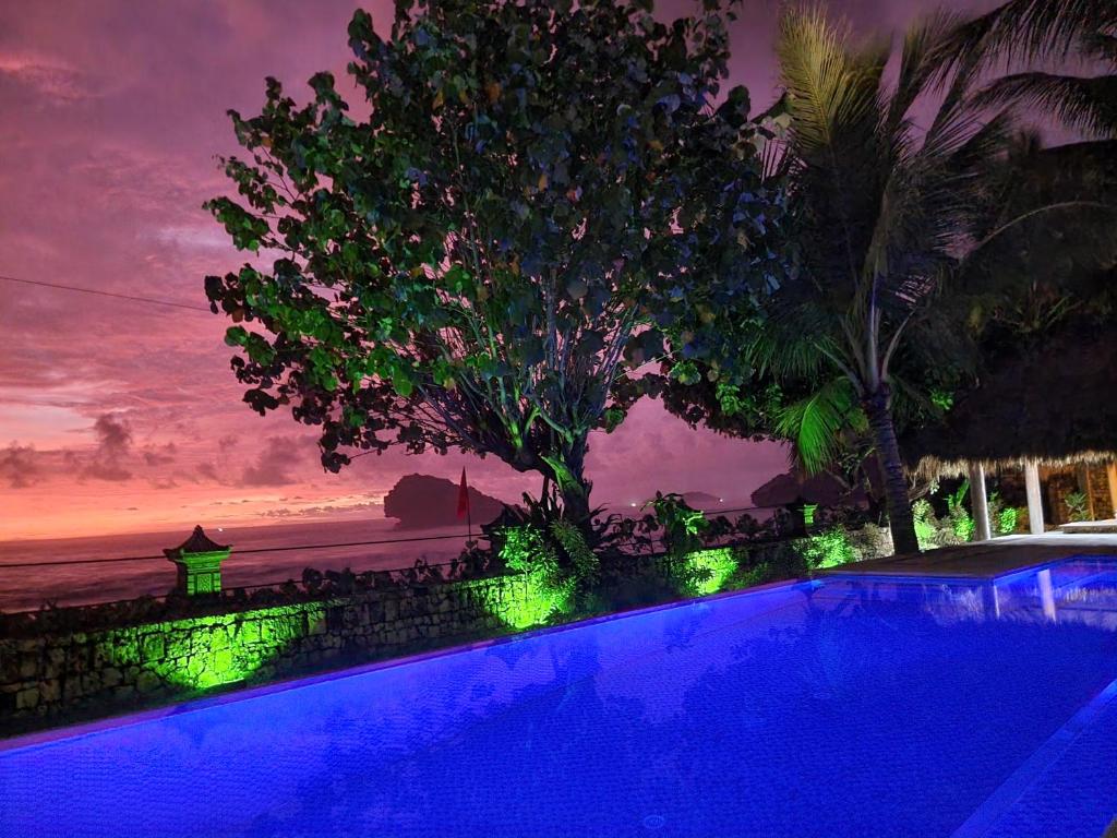 巴芝丹Istana Ombak Eco Resort的夜晚在海洋前的游泳池