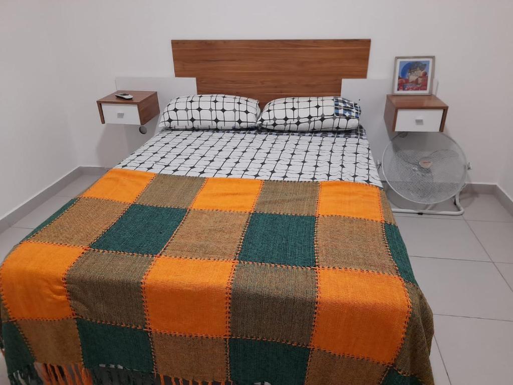埃斯佩兰萨Departamento céntrico的一间卧室配有一张带彩色毯子的床