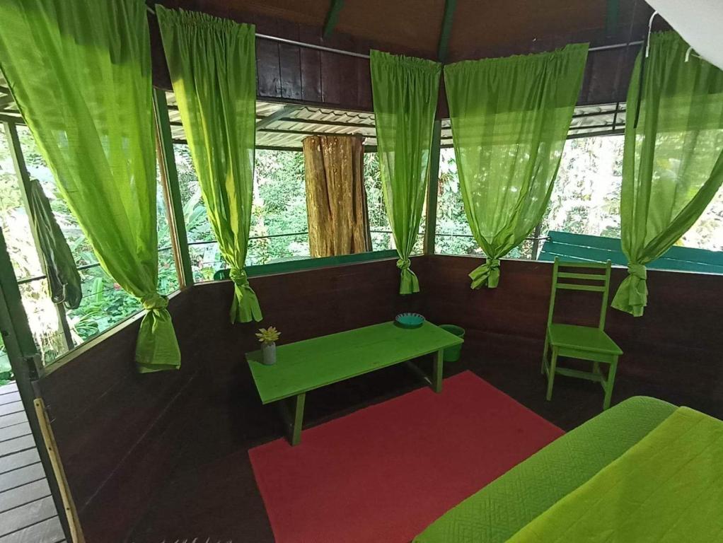 科克莱斯Finca Valeria Treehouses Glamping的配有绿色窗帘和绿桌的客房