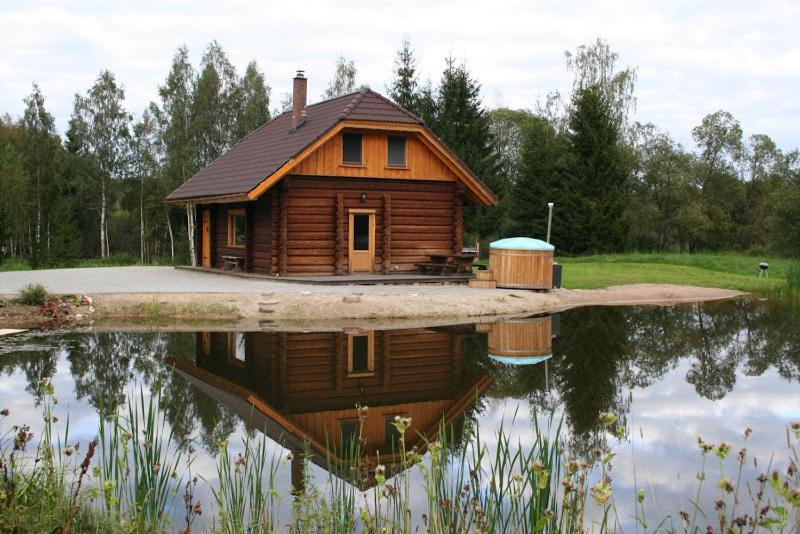 奥泰佩Vana-Laane Puhkemaja的小木屋,在水体中反射