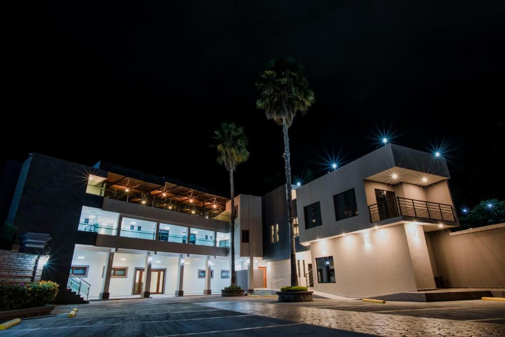 里奥韦尔德Hotel La Querencia的一座棕榈树在晚上的建筑