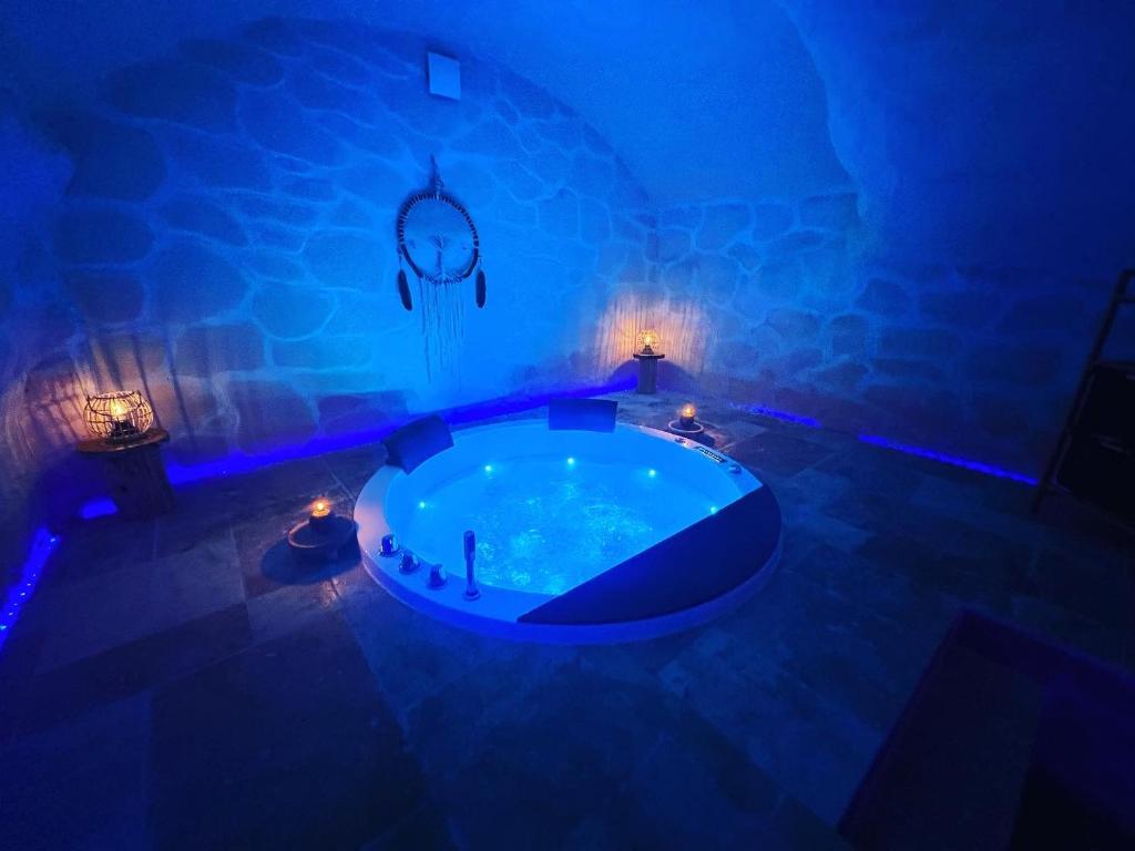 罗纳河畔的图尔农The Dream Spa 07的蓝色灯的房间里设有一个大浴缸