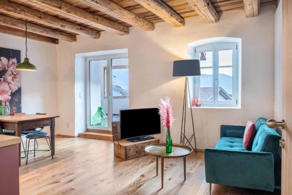 泰尔梅诺Eichhof Apartment Thymian的客厅配有蓝色的沙发和电视