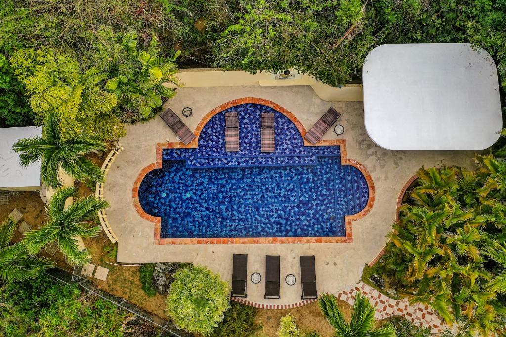 别克斯Las Terrazas Los Chivos的享有度假村游泳池的顶部景致