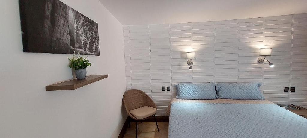 图斯特拉古铁雷斯Palmareca Inn-Suites-Studio的一间卧室配有一张床和一把椅子