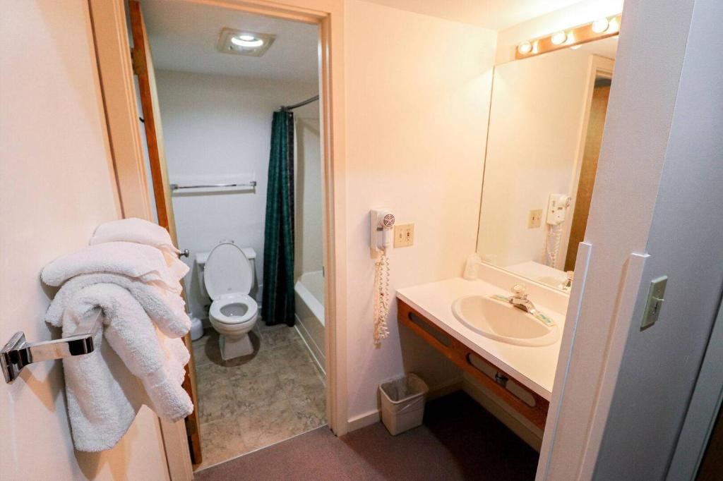 基灵顿Cedarbrook Two Double bed Standard Hotel room 118的一间带水槽、卫生间和镜子的浴室