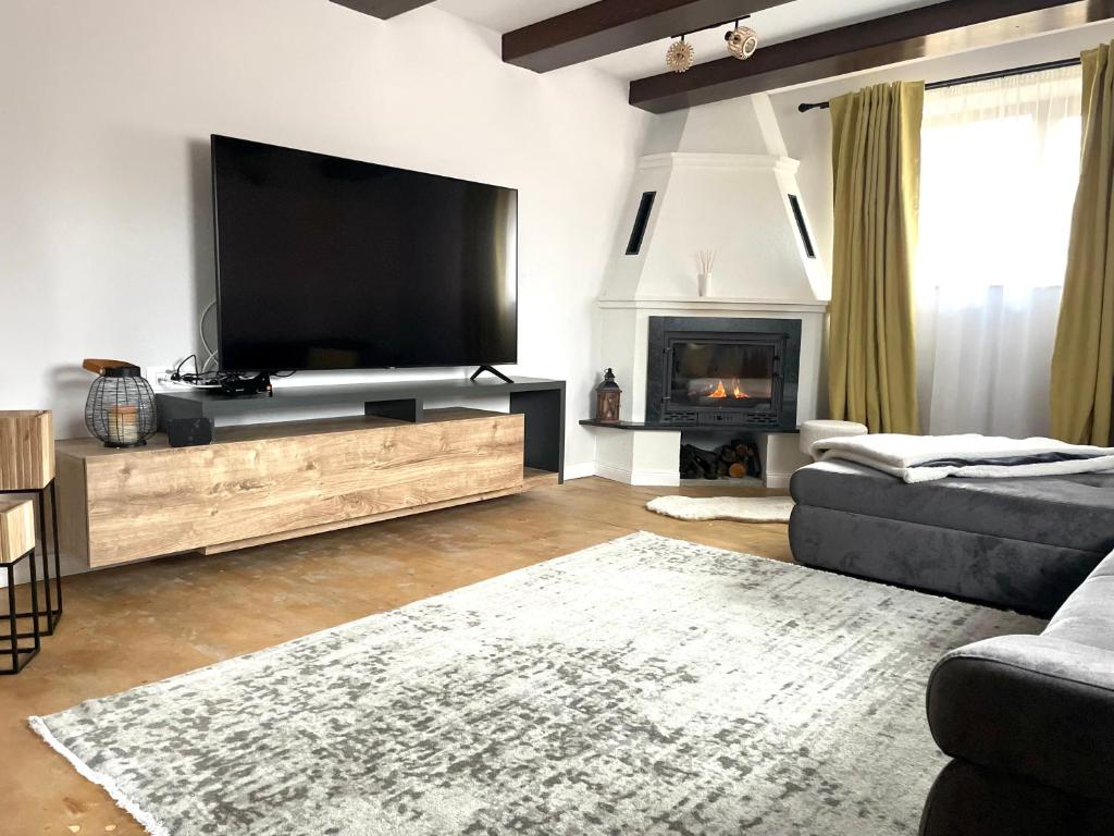 西蒙Bran Place La Odaie的客厅配有平面电视和壁炉。