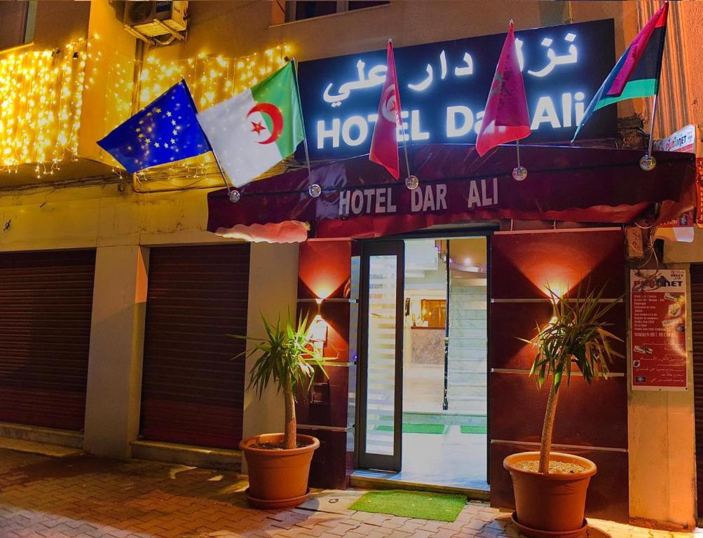 突尼斯Hotel Dar Ali的一座建筑前有两株盆栽植物的酒店