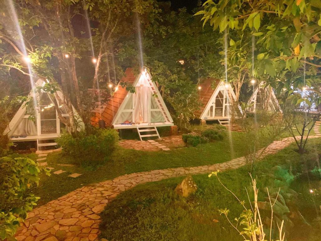 阿普春安Hoa Son Village Da Lat的一群晚上在花园里的帐篷