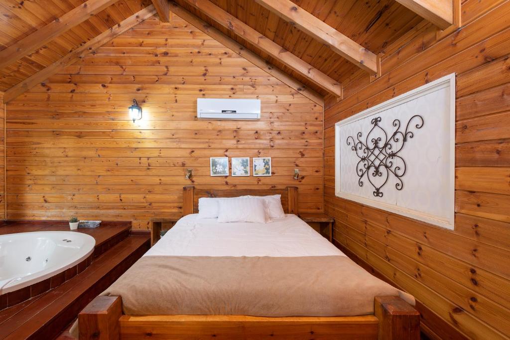 莫沙夫拉莫特Nof Kineret Suites的木制客房设有一间带一张床和一个浴缸的卧室