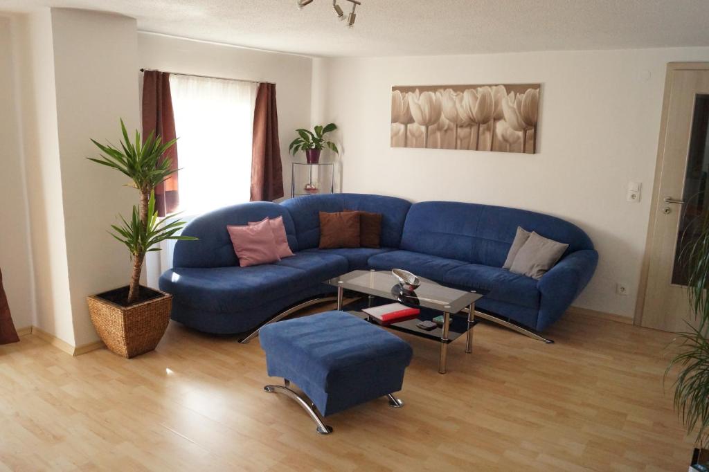 NiederalteichFerienwohnungen Denk的客厅配有蓝色的沙发和桌子