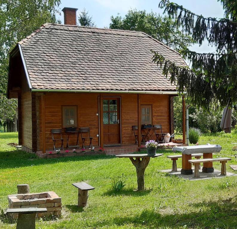 SzattaKiskemence Vendégház Szatta的小屋设有野餐桌和长凳
