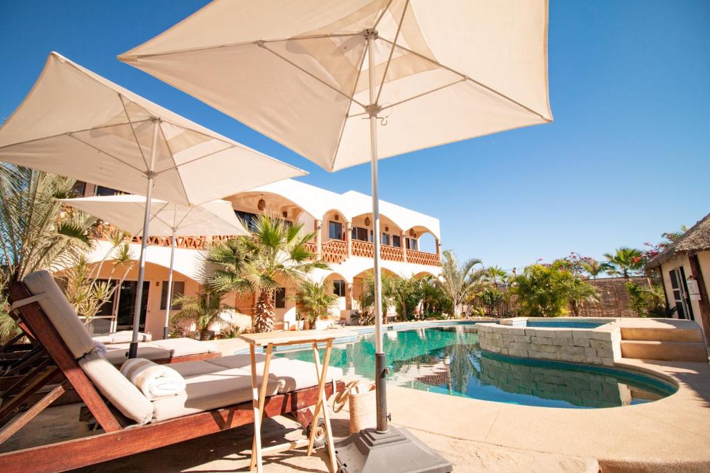 El Pescadero奥拉塞德丽托斯酒店的一座房子旁带两把白色遮阳伞的游泳池