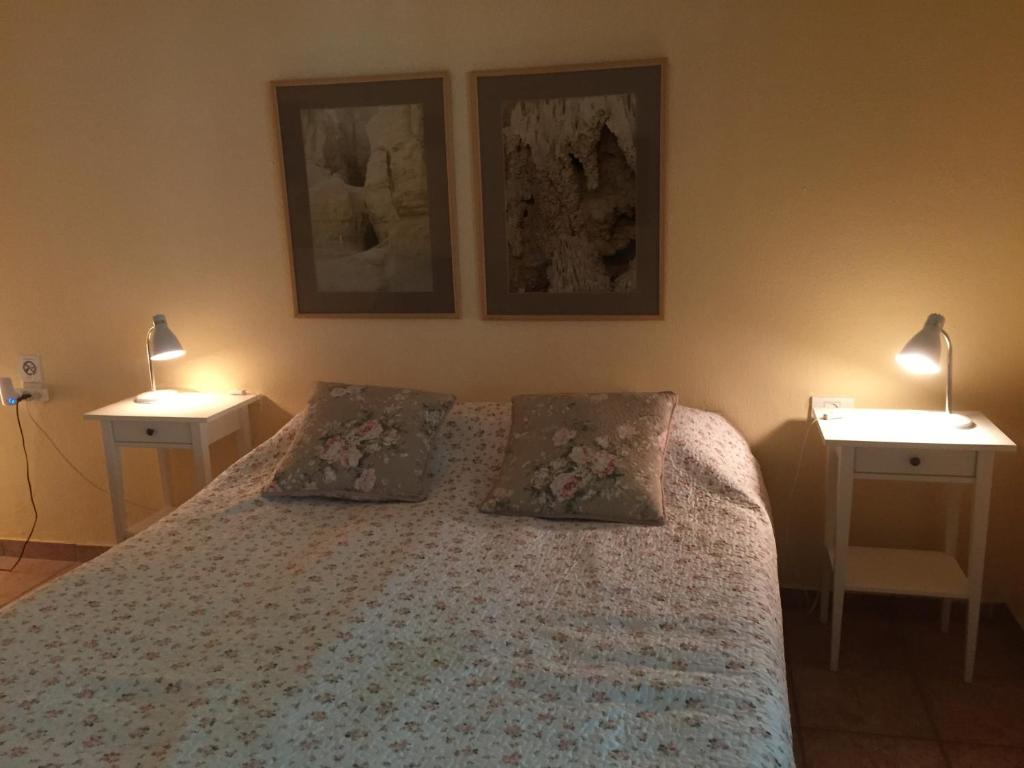 尼夫佐哈吉尔旅馆的一间卧室配有一张床、两个床头柜和两盏灯。