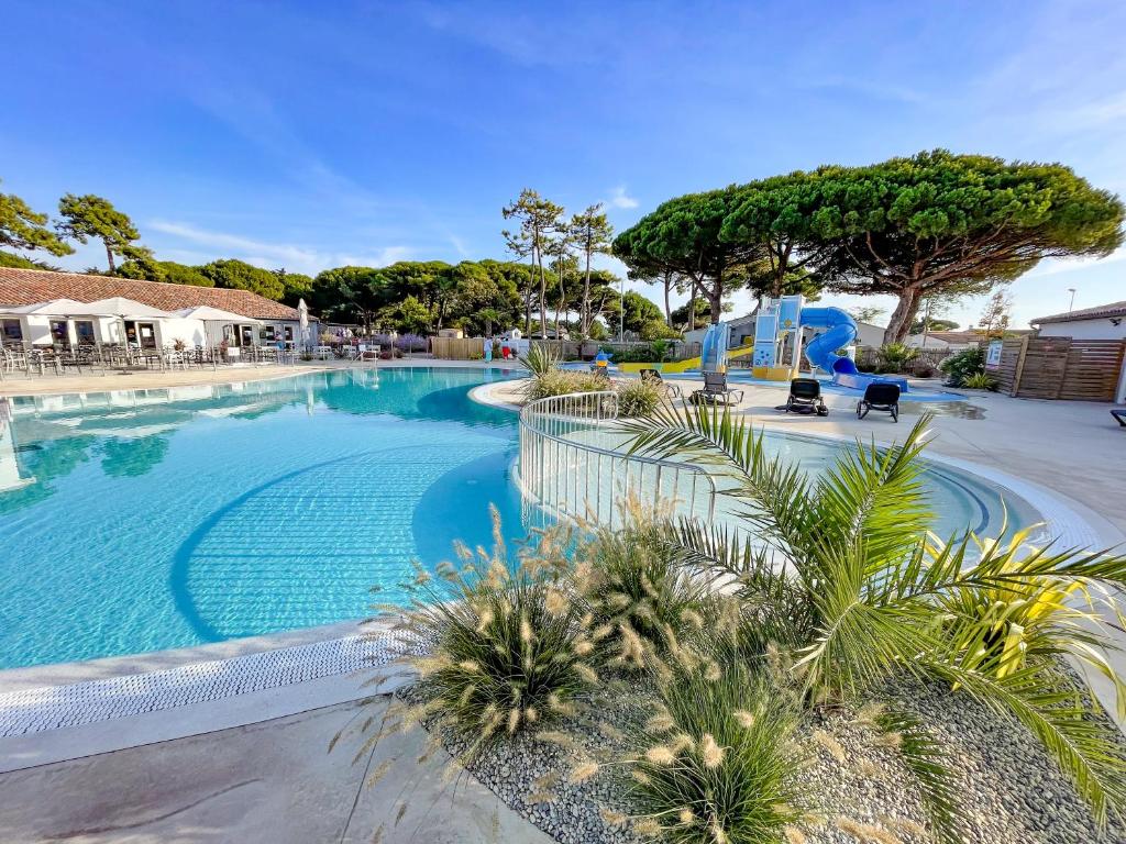 雷岛林滩Camping Le Suroit的度假村内一座种有棕榈树的大型游泳池