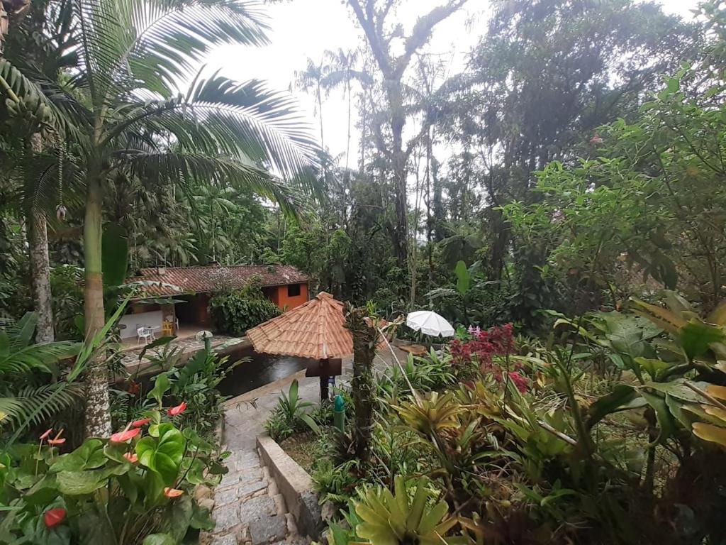 佩尼多Toca da Onça的一座花园,里面种有房子和一些植物和树木